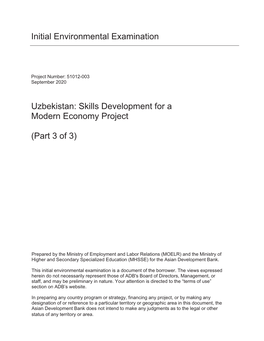 Initial Environmental Examination Uzbekistan: Skills Development for a Modern Economy Project (Part 3 of 3)
