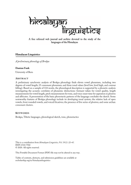 Himalayan Linguistics a Preliminary Phonology of Brokpa