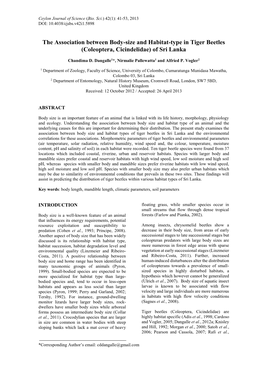 The Association Between Body-Size and Habitat-Type in Tiger Beetles (Coleoptera, Cicindelidae) of Sri Lanka