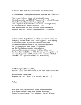 In the Days When the World Was Wide and Other Verses (2 Ed.) by Henry Lawson [Australian House-Painter, Author and Poet -- 1867-1922.]