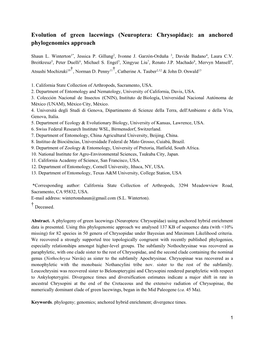 Evolution of Green Lacewings (Neuroptera: Chrysopidae): an Anchored Phylogenomics Approach