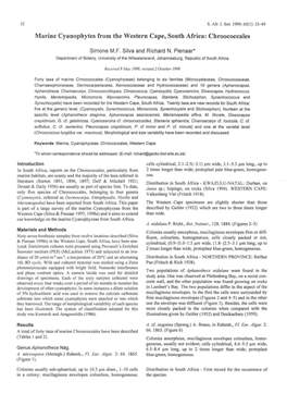 Marine Cyanophytes from the Western Cape, South Africa: Chroococcales