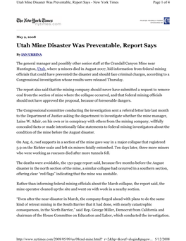 Utah Mine Disaster Was Preventable, Report Says - New York Times Page 1 of 4