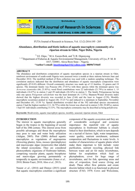 Abundance, Distribution and Biotic Indices of Aquatic Macrophyte Community of a Riparian Stream in Odot, Niger Delta, Nigeria