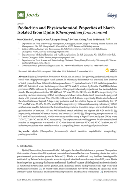 Production and Physicochemical Properties of Starch Isolated from Djulis (Chenopodium Formosanum)