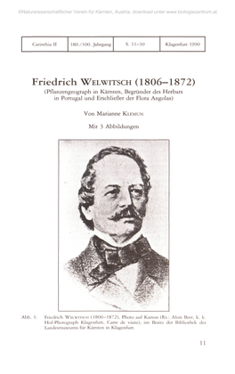 Friedrich WELWITSCH (1806-1872) (Pflanzengeograph in Kärnten, Begründer Des Herbars in Portugal Und Erschließer Der Flora Angolas)