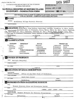 DATA SHEET ; UNITED STATES DEPARTMENT of the INTERIOR ! NATIONAL PARK SERVICE I NATIONAL REGISTER of HISTORIC PLACES INVENTORY - NOMINATION FORM