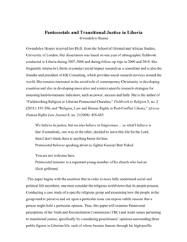 Pentecostals and Transitional Justice in Liberia Gwendolyn Heaner