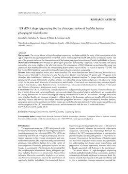 16S Rrna Deep Sequencing for the Characterization of Healthy Human Pharyngeal Microbiome Gioula G, Melidou A, Siasios P, Minti F, Malisiovas N