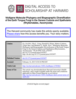 Multigene Molecular Phylogeny and Biogeographic Diversification of the Earth Tongue Fungi in the Genera Cudonia and Spathularia (Rhytismatales, Ascomycota)