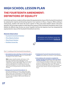 High School Lesson Plan the Fourteenth Amendment: Definitions of Equality