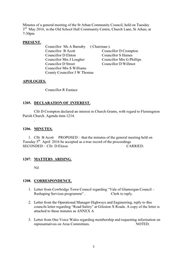 1 Minutes of a General Meeting of the St Athan Community Council, Held