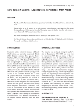 New Data on Bactrini (Lepidoptera, Tortricidae) from Africa