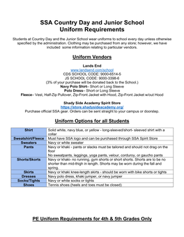 SSA Country Day and Junior School Uniform Requirements