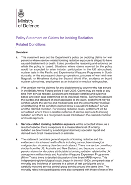 Policy Statement on Claims for Ionising Radiation Related Conditions ` Overview