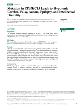 Mutation in ZDHHC15 Leads to Hypotonic Cerebral Palsy, Autism, Epilepsy, and Intellectual Disability