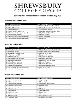 Bus Timetables for Pre-Enrolment Event on Tuesday 2July 2019