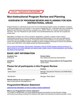 Non-Instructional Program Review and Planning OVERVIEW of PROGRAM REVIEW and PLANNING for NON- INSTRUCTIONAL AREAS