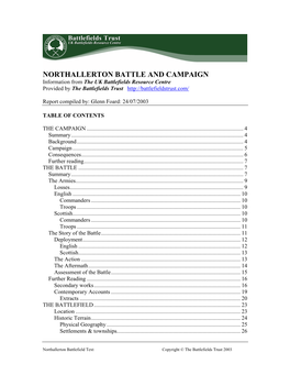 NORTHALLERTON BATTLE and CAMPAIGN Information from the UK Battlefields Resource Centre Provided by the Battlefields Trust