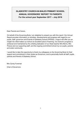 GLADESTRY CHURCH-IN-WALES PRIMARY SCHOOL ANNUAL GOVERNORS’ REPORT to PARENTS for the School Year September 2017 – July 2018