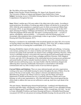 HOUSING NAVIGATION SERVICES 1 To: the Office of Governor Janet Mills From: Celena Zacchai, Primary Researcher; Dr. James Cook