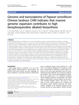 Genome and Transcriptome of Papaver Somniferum Chinese