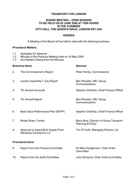 Transport for London Board Meeting – Open Session to Be