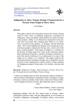 Indigeneity As Alive: Tommy Orange's Framework for a Present Tense