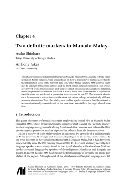 Two Definite Markers in Manado Malay Asako Shiohara Tokyo University of Foreign Studies Anthony Jukes La Trobe University