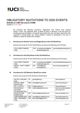 OBLIGATORY INVITATIONS to 2020 EVENTS Articles 2.1.007 Bis and 2.13.006 Update on 12.01.2020