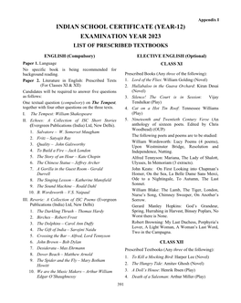 Indian School Certificate (Year-12) Examination Year 2023 List of Prescribed Textbooks