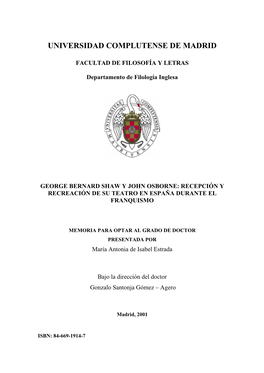 George Bernard Shaw Y John Osborne. Recepción Y Recreación De Su Teatro En España Durante El Franquismo