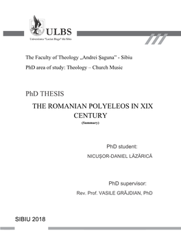 Phd THESIS the ROMANIAN POLYELEOS in XIX CENTURY (Summary)