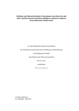 Isolation and Characterisation of Uncommon Myxobacteria and Other Marine Bacteria and Their Multilocus Sequences Analyses from Indonesia’S Biodiversity