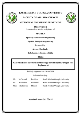 Dissertation Presented to Obtain a Diploma of MASTER Specialty : Mechanical Engineering