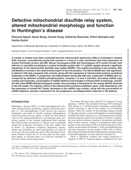 Defective Mitochondrial Disulfide Relay System, Altered