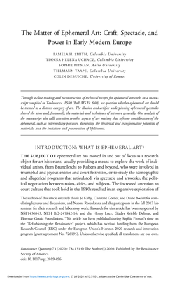 The Matter of Ephemeral Art: Craft, Spectacle, and Power in Early Modern Europe