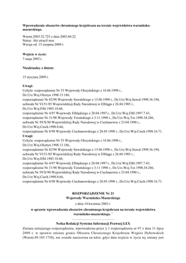 Wprowadzenie Obszarów Chronionego Krajobrazu Na Terenie Województwa Warmińsko- Mazurskiego. Warmi.2003.52.725 Z Dnia 2003.04