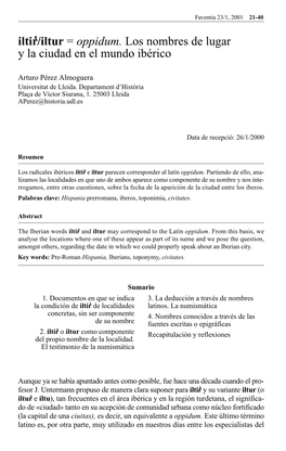 Iltir'/Iltur = Oppidum. Los Nombres De Lugar Y La Ciudad En El Mundo Ibérico