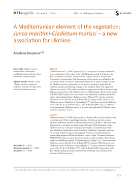 A Mediterranean Element of the Vegetation: Junco Maritimi-Cladietum Marisci – a New Association for Ukraine