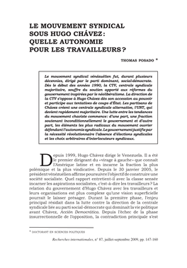 Le Mouvement Syndical Sous Hugo Chávez : Quelle Autonomie Pour Les Travailleurs ?