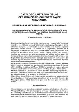 Catalogo Ilustrado De Los Cerambycidae (Coleoptera) De Nicaragua