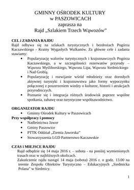 GMINNY OŚRODEK KULTURY W PASZOWICACH Zaprasza Na Rajd „Szlakiem Trzech Wąwozów”