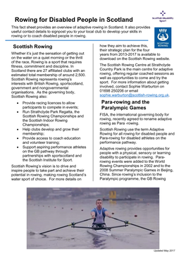 Rowing for Disabled People in Scotland This Fact Sheet Provides an Overview of Adaptive Rowing in Scotland