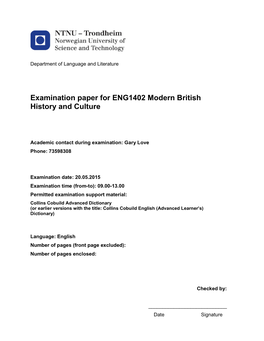 Examination Paper for ENG1402 Modern British History and Culture