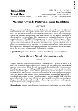 Tjaša Mohar Tomaž Onič Margaret Atwood's Poetry in Slovene