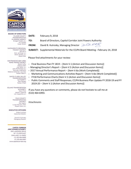 DATE: February 9, 2018 TO: Board of Directors, Capitol Corridor Joint Powers Authority FROM: David B