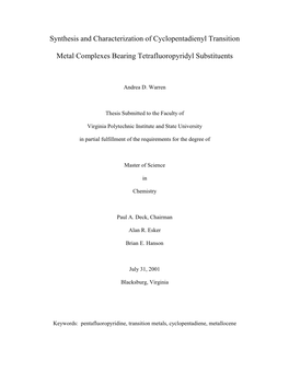 Synthesis and Characterization of Cyclopentadienyl Transition Metal Complexes Bearing Tetrafluoropyridyl Substituents