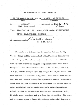 Geology of the Green Ridge Area, Whitewater River Quadrangle, Oregon