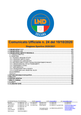 Comunicato Ufficiale N. 24 Del 10/10/2020